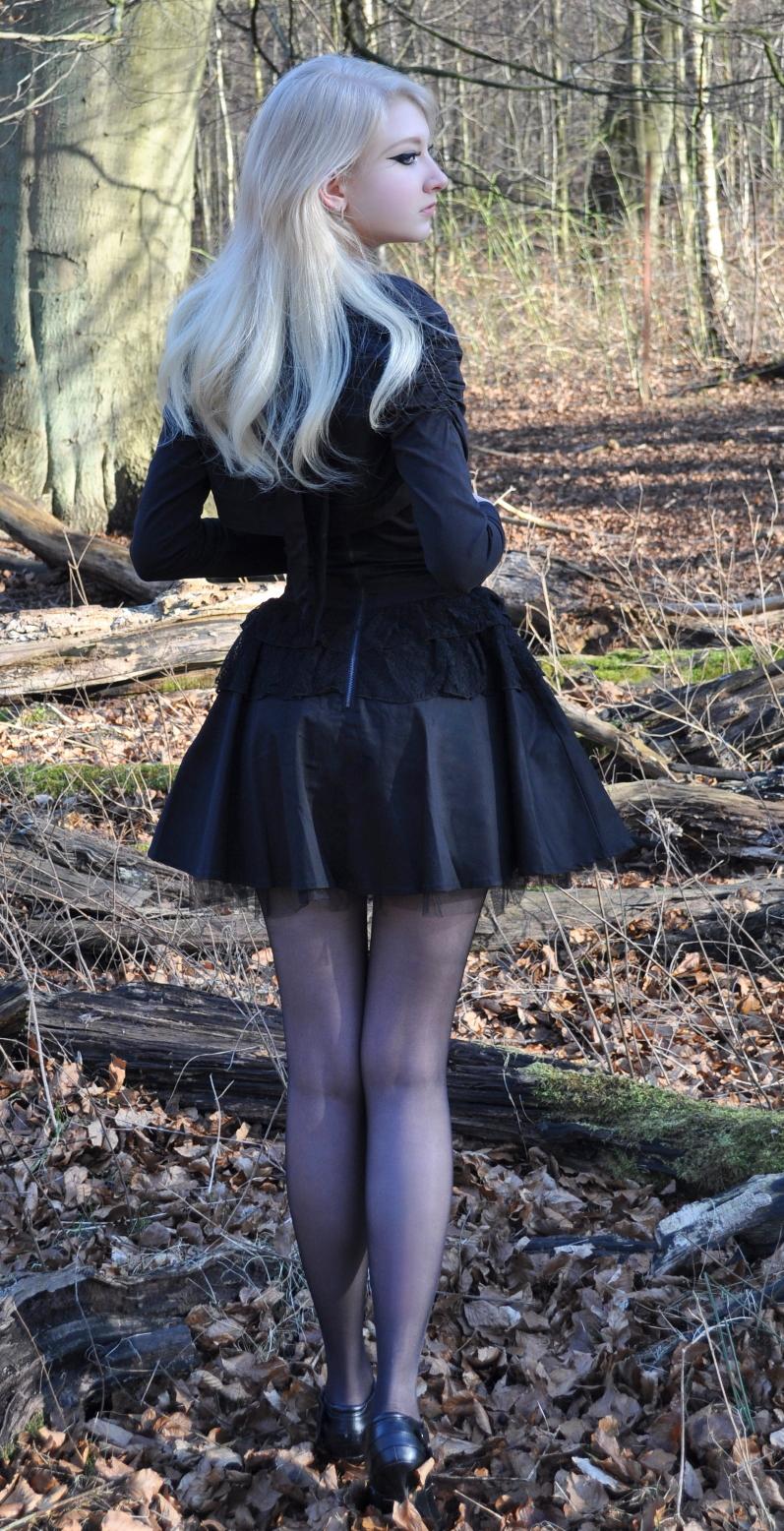 Blonde Gothic Girl wearing Black Sheer Pantyhose and Black Short Dress